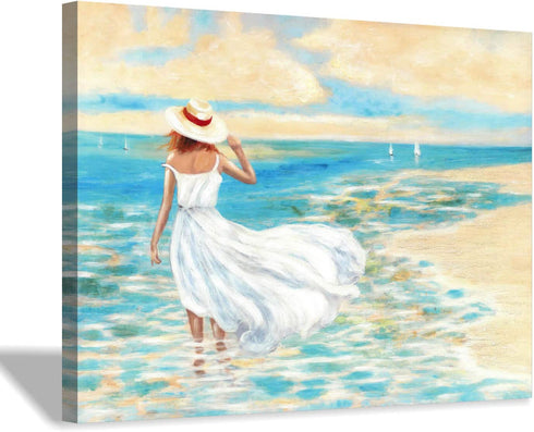 Hardy Gallery Abstract Beach Picture Wall Art: Girl & Ocean Artwork Seascape Painting on Canvas for Bathroom (16? x 12? x 1 Panel)