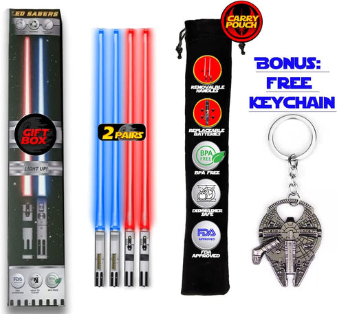SaberChops Lightsaber Chopsticks Star Wars Gifts LED Light Up Reusable Light Saber Removable Handle Dishwasher Safe Red & Blue 2 PAIRS & FREE Millennium Falcon Keychain Bottle Opener,Red & Blue