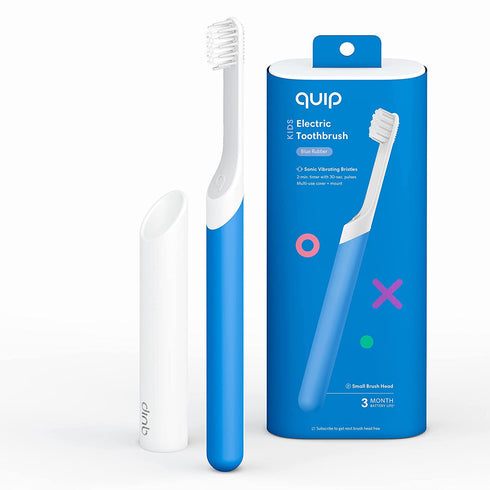 Quip Kids Electric Toothbrush - Sonic Toothbrush with Small Brush Head, Travel Cover & Mirror Mount, Soft Bristles, Timer, and Rubber Handle - Blue