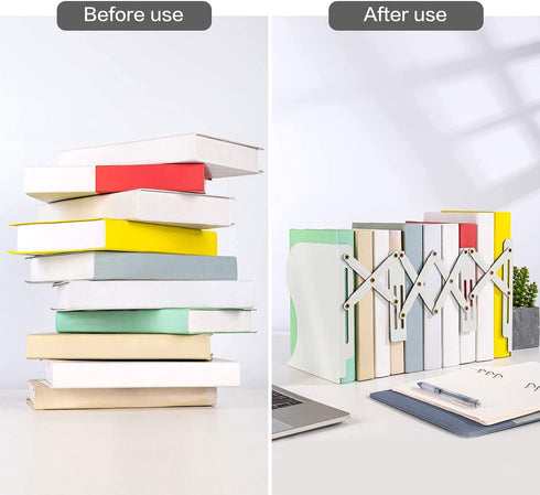 Deli Adjustable Bookend, Desk Magazine File Organizer Holder, Metal Book Ends for Heavy Books, Shelf, Office, Extends up to 19 inches, White