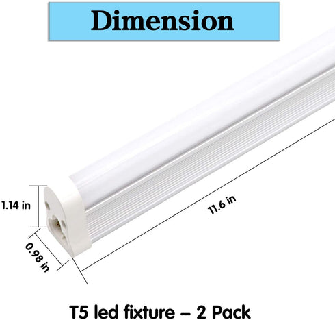 T5 LED Light Fixture 1ft 580lm 5W Frosted Cover, Under Cabinet Lighting, 6500k Cool White, Workbench and Utility Shop Lights, Corded Electric with Built-in ON/Off Switch (Pack of 2)