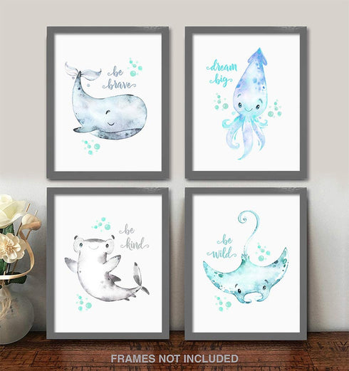 Confetti Fox Sea Nursery Pictures Wall Art Decor - 8x10 Unframed Set of 4 Prints - Kids Ocean Life Baby Animals - Whale Octopus Stingray Shark
