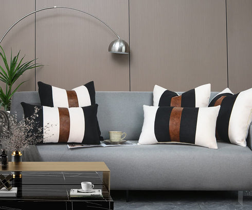 JASEN Set of 2 Faux Leather and Linen Lumbar Pillow Covers 12x20 Inch Black and White Modern Farmhouse Rectangular Accent Cushion Covers for Couch Sofa