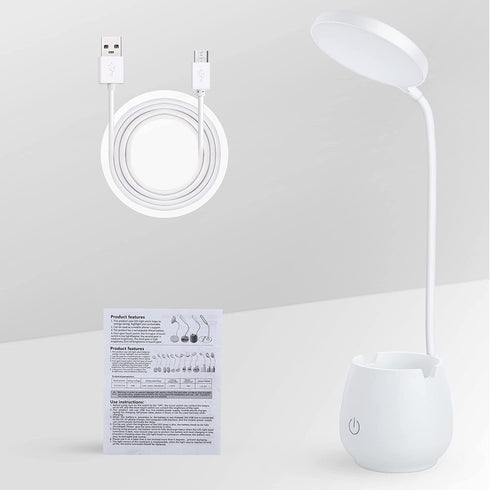IEIK Desk Lamp for Home Office LED Desk Light with Pen Holder Phone Holder, Flexible Gooseneck Table Lamp with 1250 mAh USB Rechargeable Battery Stepless Dimming Study Lamp for Kids Bedroom Dorm