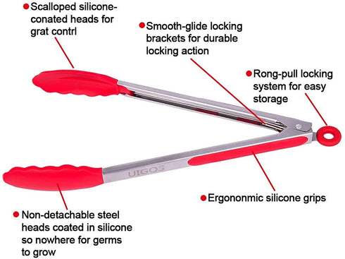 Uigos Kitchen Cooking Food Tongs Stainless Steel With Silicone Heads Locking Clip 2 Piece (9" & 12")