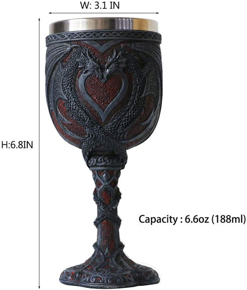 Medieval Double Dragon Wine Goblet - Valentines Dungeons and Dragons Wine Chalice -7oz Stainless Steel Drinking Cup - Romantic Novelty Gothic Gift Party Idea Goblets Present for Girl Girlfriend Wife
