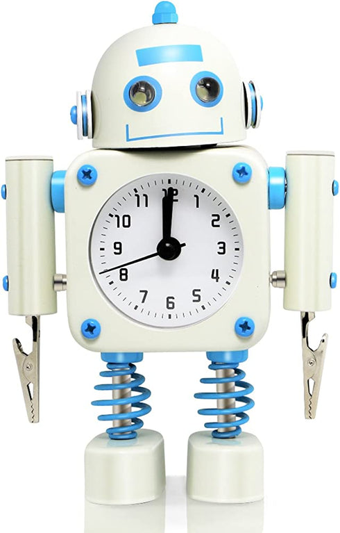 Betus Non-Ticking Robot Alarm Clock Stainless Metal - Wake-up Clock with Flashing Eye Lights and Hand Clip (White)