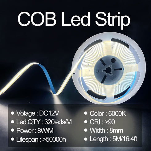 HAMRVL COB LED Strip Lights White 6000K,DC12V 16.4ft/5M 320leds/M CRI90 Flexible LED Tape 8mm, for Indoor Home Cabinet?Bedroom,Kitchen,Stage,Backlight DIY Lighting(Without Power Supply) (White 6000k)