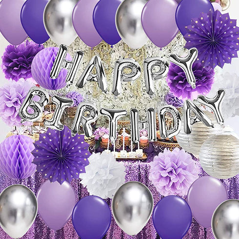 Purple Silver Birthday Decorations for Women Silver Happy Birthday Balloons Purple Silver Latex Balloons Polka Dot Paper Fans/Girl Purple Birthday Decorations for Women's 30th/40th/50th/60th Birthday Party Backdrop