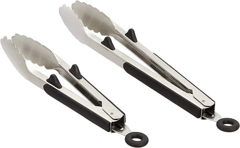 Amazon Basics 2-Piece Stainless Steel Kitchen Tongs, Black Non-Slip Grip, 9-Inch and 12-Inch
