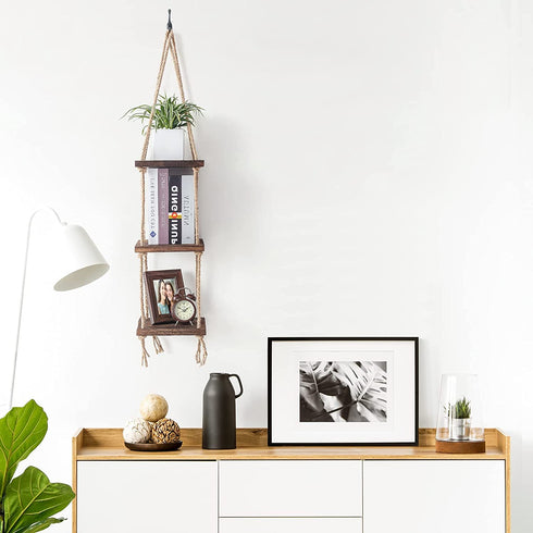 Titanape Hanging Plant Shelf with Jute Rope, 3 Tier Hanging Book Shelves for Kids Room/ Nursery/ Living Room/ Bedroom, Small Bathroom Floating Shelves for Wall Storage, Rustic Wood Shelves for Wall