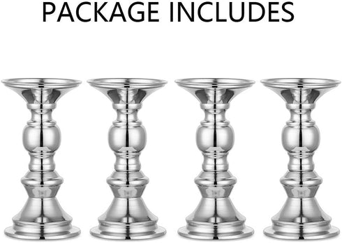 Nuptio Silver Pillar Candle Holders, Wedding Centerpieces Metal Candle Holder for 2 inches Candles Stand Decoration Ideal for Weddings Special Events Parties Living Room, 4 Pcs