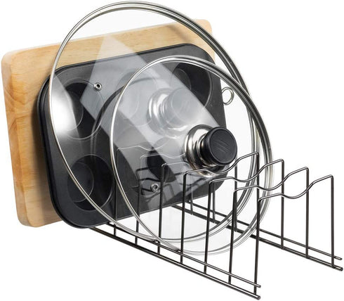 SANNO Pan and Pot Lid Organizer Rack for Pot Lids, Plates, Cutting Boards, Bakeware, Cooling Rack, Serving Trays, Total 8 Compartments, Stainless Steel Black nickel Pack of 2