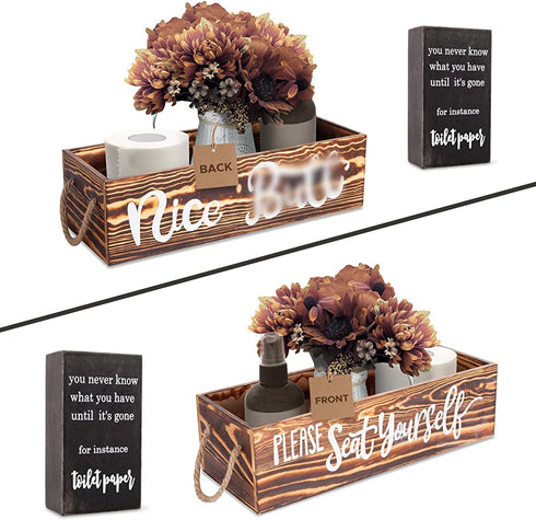 Bathroom Decor Box and Funny Bathroom Sign - Cute Farmhouse Rustic Decorations for Top of Toilet Tank Toilet Paper Holder - Great Housewarming Gift Idea (Brown)