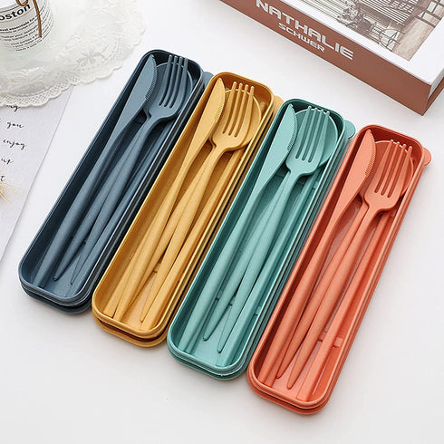 4 Sets Wheat Straw Cutlery, Portable Cutlery Set, Reusable Travel Flatware Set, for Lunch Boxes Workplace Camping School Picnic or Daily Use (Green, yellow, orange, blue)
