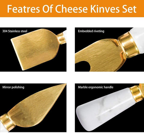 4PCs Gold Cheese Knife Spreader Set with Marble Handle, Cute Cheese Knives Cutter Slicer for Marble Cheese Board, Spatula for Cheese Board Accessories, Gift for Party, Holiday, Weddings - Gold