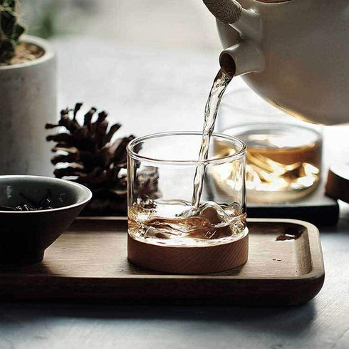 Whiskey Glass Mountain Fuji Style Wine Glass Teacups with Wooden Bottom - Infusing Coffee, Milk, Tea