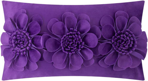 JWH 3D Flower Throw Pillow Covers Aesthetic Sunflower Pillow Cases Cute Pillowcase Handmade Decorative Rectangle Velvet Cushion Covers Farmhouse Sofa Couch Floor Decor Plush Shams 12x20 Inch Purple