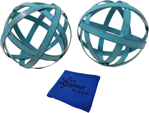 Brightest Place Blue Metal Band Decorative Spheres Set of 2 and Microfiber Dusting Cloth