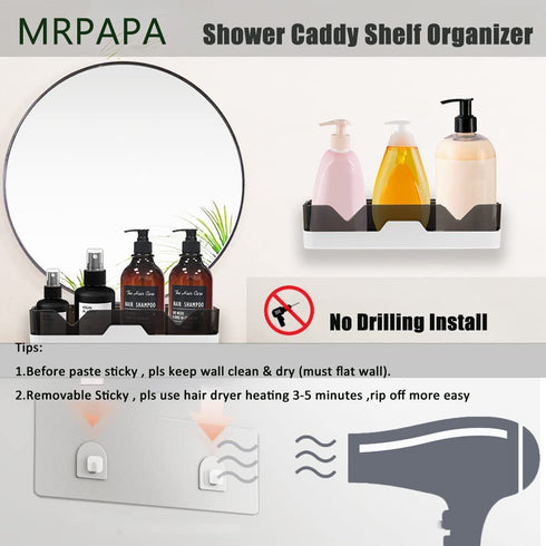 Shower Caddy Wall Mounted 2 Pack Bathroom Organizer Shelves Adhesive Hooks 2PCS (+2PCS Backup), Shower Organiser Corner Bathtub Storage Basket Rack Shelf Bath Holder No Drilling Kitchen Spice Rack