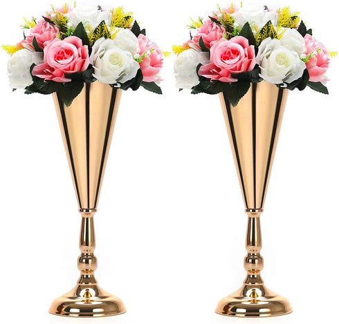 Set of 2 Tabletop Metal Wedding Flower Trumpet Vase Wedding Centerpiece Flower Vase for Wedding Event Decoration Living Decor Party Decor (Gold, 2—M)