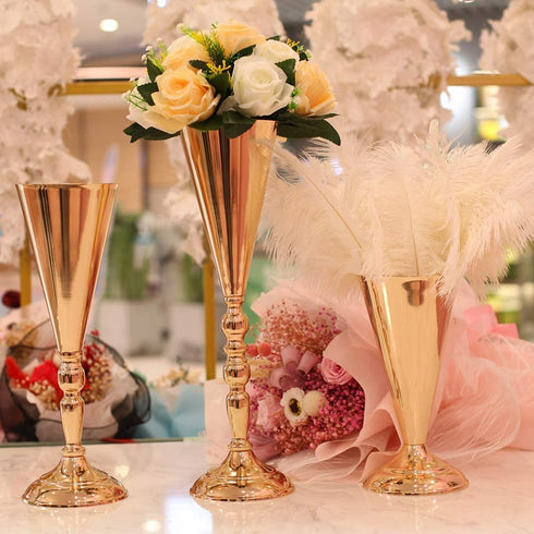 Set of 2 Tabletop Metal Wedding Flower Trumpet Vase Wedding Centerpiece Flower Vase for Wedding Event Decoration Living Decor Party Decor (Gold, 2—M)