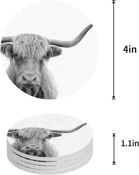 Coasters for Drinks Absorbent Coaster 6 Piece Set Grey Animal Highland Cow Pattern Funny Ceramic Cup Coaster for Cold Drinks Wine Glasses, Birthday Housewarming Gift