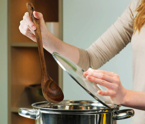 Wooden Ladle for Cooking, Wood Ladle Soup Spoon, Teak Wooden Serving Spoon 12.4 inch Long Handle, Kitchen Ladles, Medium Scoop Size 2 oz, Natural, Eco Friendly and Sustainable.