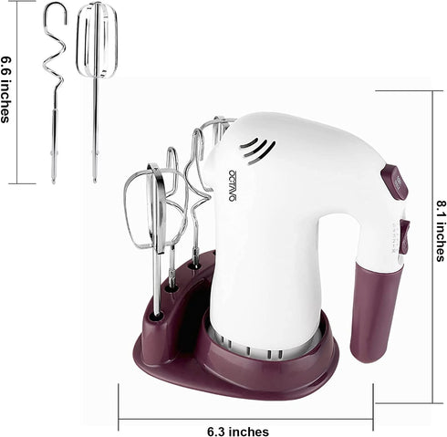 OCTAVO Hand Mixers Electric, Handheld Electric Mixer With Easy Eject Button, 2 Wired Beaters + 2 Dough Hooks And Storage base with Ultra Power 250W - 5 Speed - 120V (white)