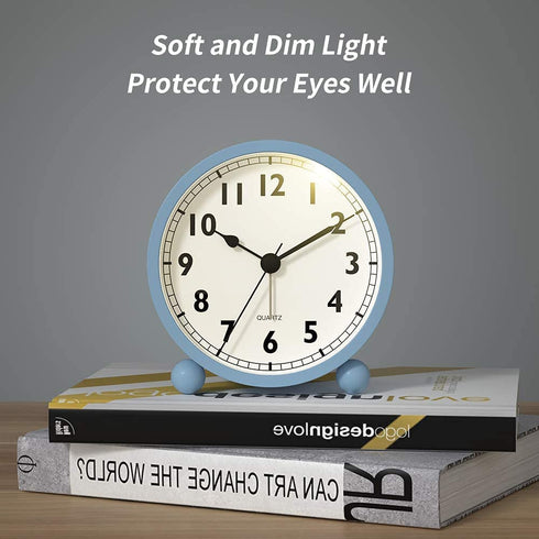 Kpin Silent Analog Alarm Clock with Night Light,Beep Sounds,Gentle Wake,Battery Operated,Easy Set (Blue, Small)