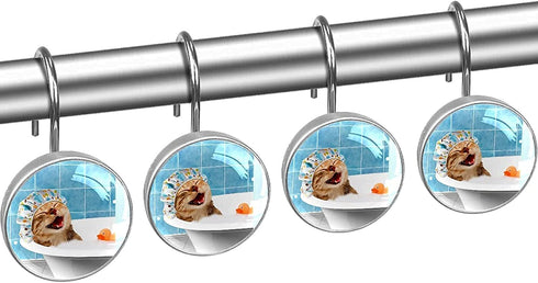 C.IOPMNU Funny Cat Shower Curtain Hooks, 12pcs Cat Loving His Bath Decorative Shower Curtain Hanger Rings Roller, Rust Resistant Round Shower Rings Hangers for Bathroom Curtains Rods