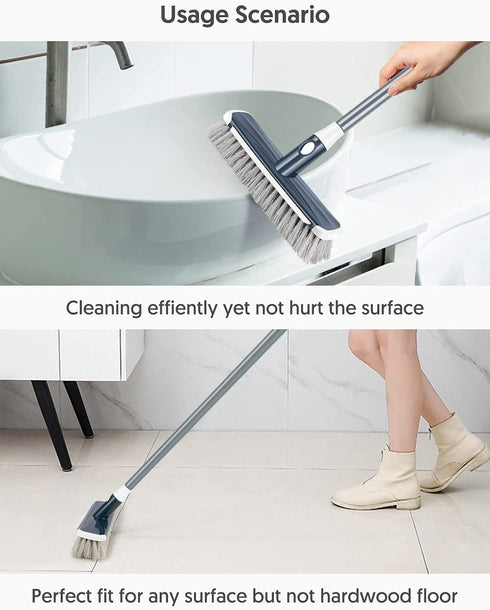 MEXERRIS Floor Scrub Brush with Long Handle - Stiff Carpet Deck Brush 2 in 1 Floor Scrubber Cleaning Grout Brush for Tile, Bathroom, Shower, Sink, Bathtub, and Kitchen Surface - Gray