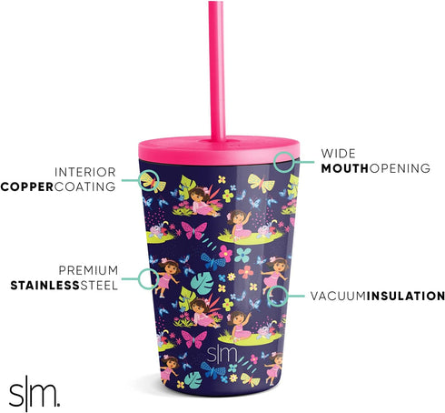 Simple Modern Dora the Explorer Toddler Cup with Lid and Silicone Straw | Kids Water Bottle Tumbler Insulated Stainless Steel Thermos | Classic Collection | 12oz, Dora Rainforest Paradise