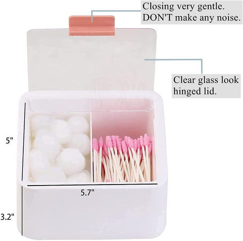 Tecbeauty 2pcs Qtips Holder - 2 Grids Separate Cotton Swabs Dispenser Bathroom Canisters with Hinged Lids for Cotton Balls, Cotton Pads, Cotton Rounds, White