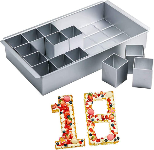 MANO Number Cake Pan for Baking Letter Cake Molds Set with 12 Pcs Square Cake Tins DIY Number Cake Molds Set for Wedding Birthday