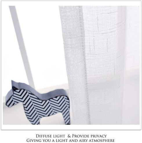 PONY DANCE Short Window Curtains - Linen Look Semi Sheer White Voile Valance Casual Back Tab Drapes for Small Bathroom Basement, 52 Wide x 36 Long, 2 Panels