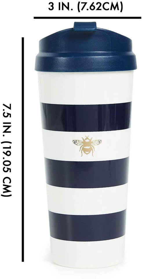 Kate Spade New York Insulated Thermal Travel Mug Tumbler, 16 Ounces, Navy Stripe (Bee)