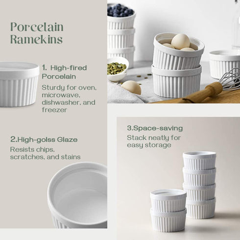 DOWAN 8 oz Ramekins - Ramekins for Creme Brulee Porcelain Ramekins Oven Safe, Classic Style Ramekins for Baking Souffle Ramekins Bowls, Set of 6, White