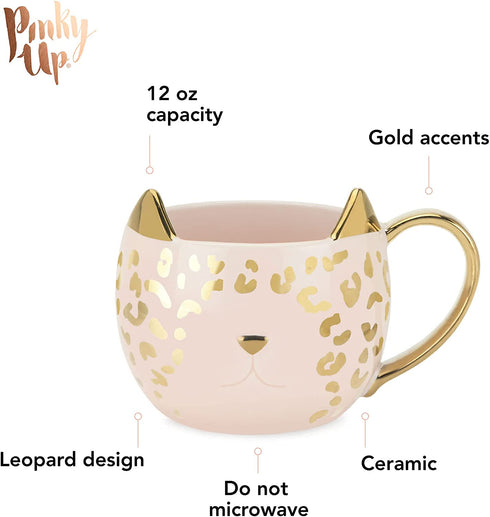 Pinky Up Chloe Leopard Mug, 12 Oz Coffee Cup, Tea Accessory, Pink Ceramic with Metallic Finish