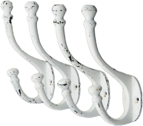 Vintage Cast Iron Wall Hooks (Antique White Finish, Set of 4) - Rustic, Farmhouse, Shabby Chic, French Country Coat Hooks | Great for Coats, Bags, Towels, Hats | Heritage Select