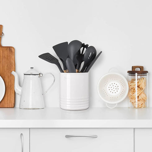 Farmhouse Utensil Holder for Countertop, 6.7³ Ceramic Kitchen Utensil Holder with Cork Base, Steady Kitchen Utensil Holder for Home Kitchen Decor, for Kitchen Tools, Christmas Gift, White