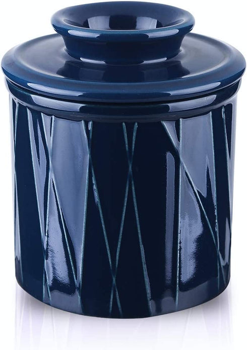 KOOV Porcelain Butter Crock, French Butter Dish, Ceramic Butter Keeper for Counter, Big Capacity, Irregular Striped Series (Aegean)