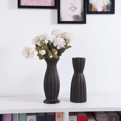 Flower Vase Set of 2, AUUM Black Floral Vases for Decor 8 Inch Ceramic Vase Idea Gift Vase for Table, Centerpieces, Living Room, Office
