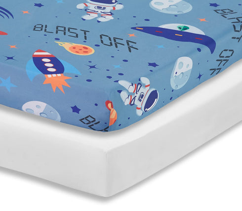 Everyday Kids 2 Pack Fitted Boys Crib Sheet, 100% Soft Breathable Microfiber Baby Sheet, Fits Standard Size Crib Mattress 28in x 52in, Nursery Sheet - Space/White
