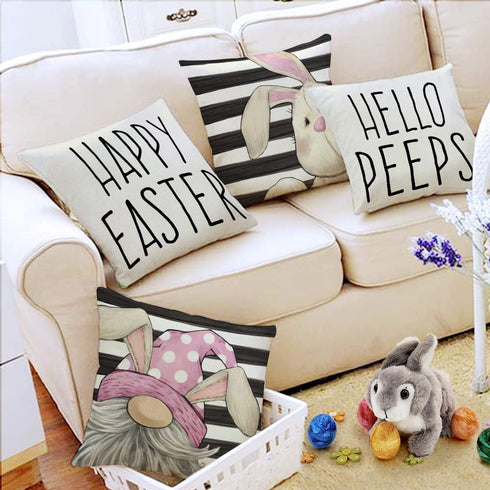 Easter Pillow Covers 18x18 Set of 4 Easter Decorations for Home Bunny Gnome Stripes Pillows Easter Decorative Throw Pillows Spring Easter Farmhouse Decor A473-18