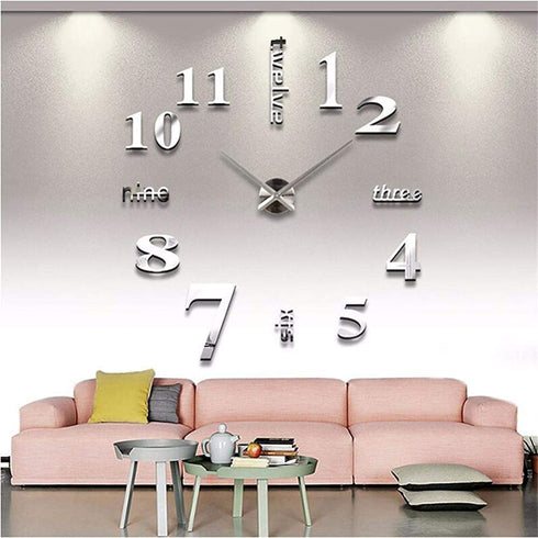 Mirror Surface Decorative Clock 3D DIY Wall Clock for Living Room Bedroom Office Hotel Wall Decoration (Silver)