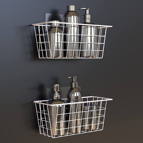 MaraFansie Wall Wire Baskets Bin No Drilling Adhesive Hanging Baskets Wall Mounted for Cabinet & Pantry Organization and Kitchen, Bathroom, Bedroom Storage, 2 Pack, White