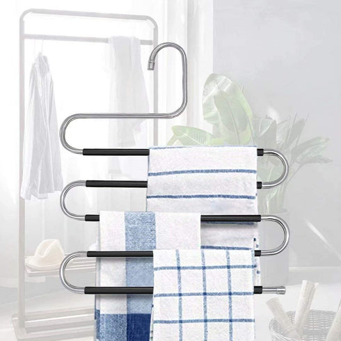 HonTop 3 Pack Pants Hangers S-Shape 5 Layers Stainless Steel with Black Silicone Coating Multi Clothes Cascading Hangers Space Saving Clothes Organizer for Jeans Pants Scarf Ties Towels