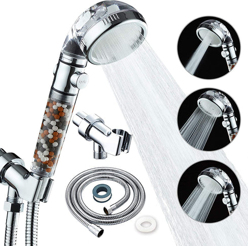 KAIREY Zen Shower Head with Beads On/Off,3 Function High Pressure Water Saving Filtered Handheld Ionic Showerhead,Anion Energy Ball Purifying Water Shower ,with 60 Inch Shower Hose and Bracket
