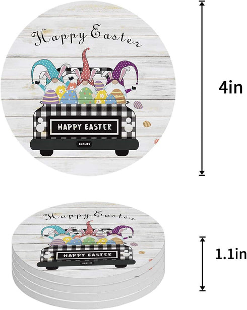 Buffalo Check Plaid Truck Drink Coasters Absorbent Natural Ceramic Stone Bar Coasters Set of 4- Happy Easter Leprechaun and Egg Cup Mat with Cork Backing for Home Kitchen Decorations